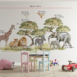 Vibrant Safari Wall Decal Big Set featuring giraffe, zebra, tiger and lion in warm savanna tones, perfect safari nursery decor for kids.