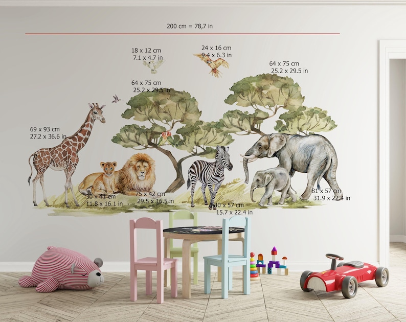 Vibrant Safari Wall Decal Big Set featuring giraffe, zebra, tiger and lion in warm savanna tones, perfect safari nursery decor for kids.
