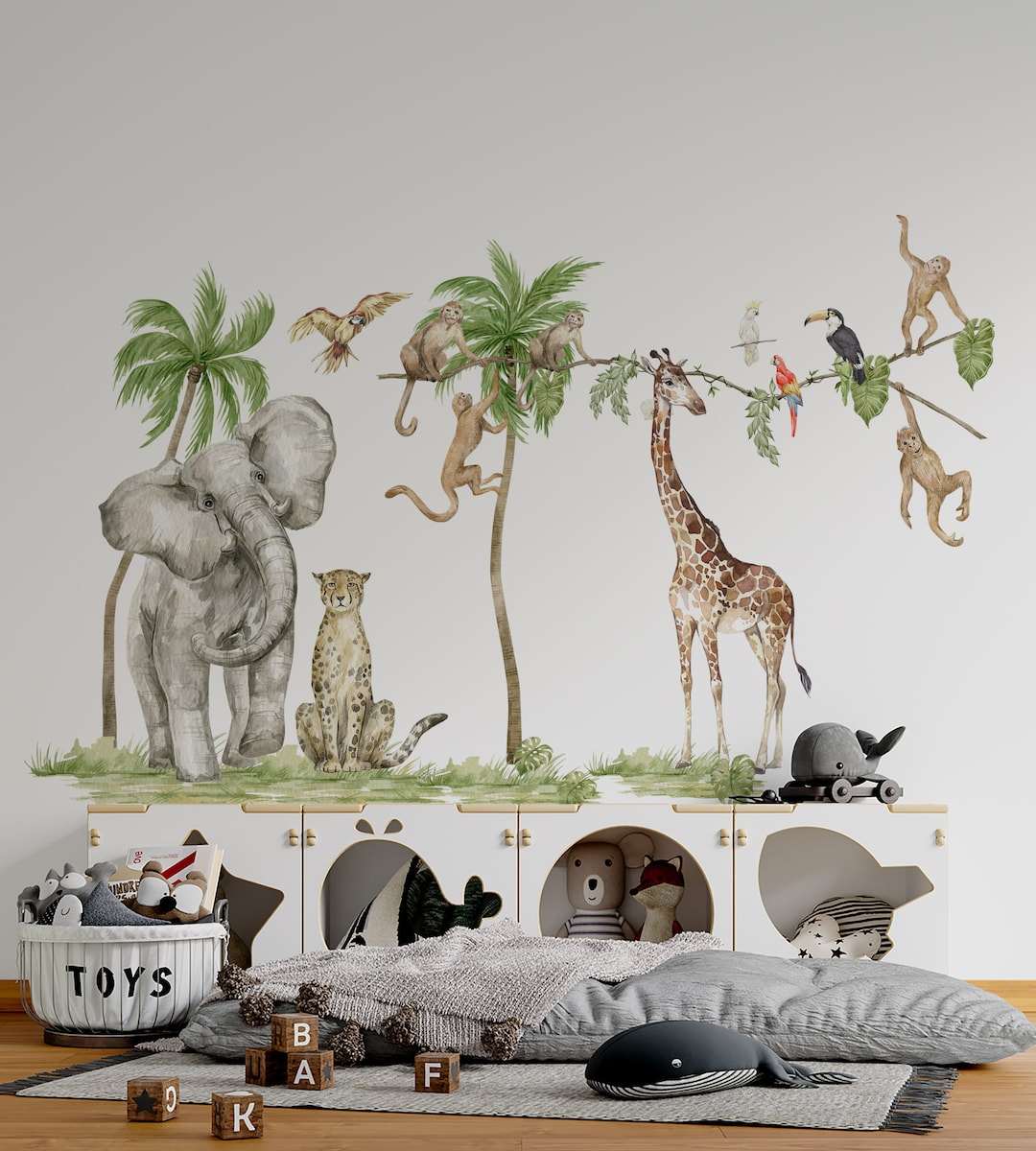 Graz Design - Adesivo da parete per cameretta dei bambini, 2 carte da parete, motivo giungla elefante scimmia giraffa leone zebra giungla cameretta dei bambini, camera da letto, decorazione da parete
