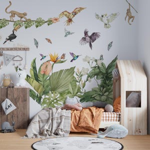 calcomanías de la selva para guardería, pegatinas de la selva, calcomanías de pared para guardería, calcomanías para habitación infantil, calcomanía de mariposa, calcomanía de pájaros tropicales, All elements