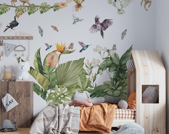 jungle nursery decal, jungle stickers, nursery wall decals, kids room decals, butterfly decal, tropical birds decal,