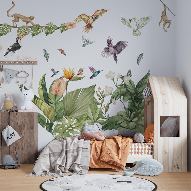 calcomanías de la selva para guardería, pegatinas de la selva, calcomanías de pared para guardería, calcomanías para habitación infantil, calcomanía de mariposa, calcomanía de pájaros tropicales, All elements