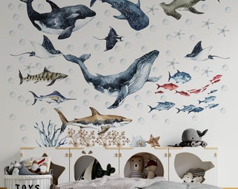 Ocean Animals Wall Decal for Kids and Nursery, shark wall decals, ocean wall stickers, sea animals wall sticker,  OCEAN Life with whale,