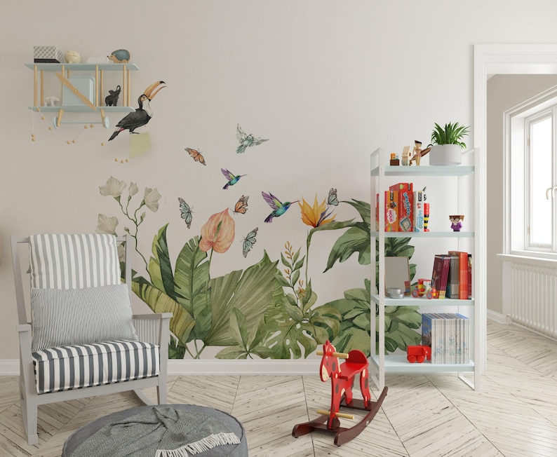 calcomanías de la selva para guardería, pegatinas de la selva, calcomanías de pared para guardería, calcomanías para habitación infantil, calcomanía de mariposa, calcomanía de pájaros tropicales, imagen 7