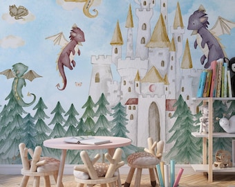 dragon sticker mural, dragon castle wall mural, nursery wallpaper, colorful wallpaper, kids room wallpaper, nursery decor