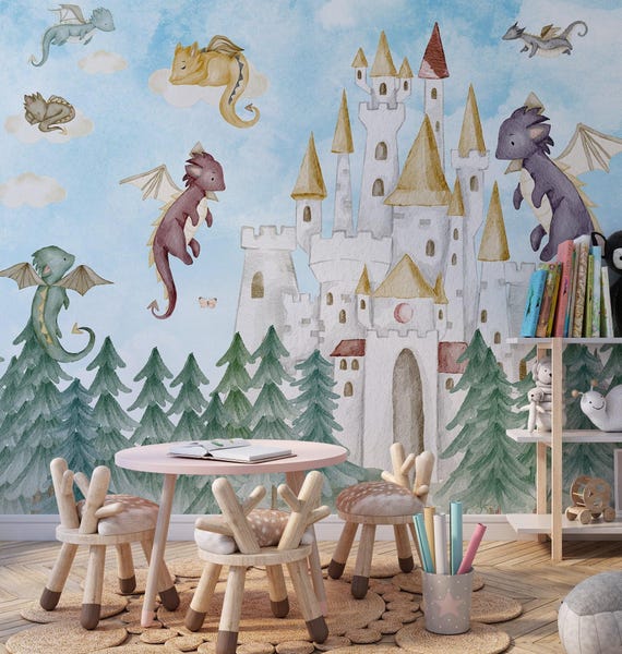 dragon sticker mural, dragon castle wall mural, nursery wallpaper, colorful wallpaper, kids room wallpaper, nursery decor