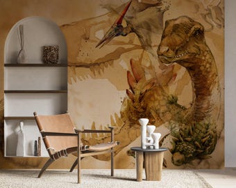 Dinosaur Wallpaper for Boys Room, T Rex Kids Room Wall Mural, Watercolor Dino Nursery Wall Decor, Prehistoric Dinosaur Playroom Wallpaper