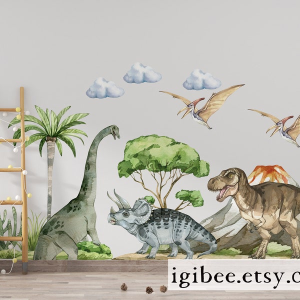 Grand ensemble de stickers muraux dinosaures, stickers muraux dinosaures, Jurassique dans la chambre de garçon, stickers dinosaures, art mural dinosaure, sticker mural enfant,