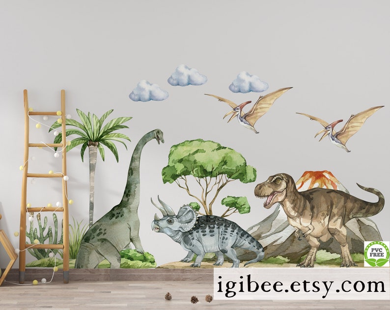 Grand ensemble de stickers muraux dinosaures, stickers muraux dinosaures, Jurassique dans la chambre de garçon, stickers dinosaures, art mural dinosaure, sticker mural enfant, all dino and vulcano