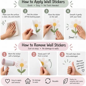 May include: An instructional infographic titled How to Apply Wall Stickers and How to Remove Wall Stickers. It features numbered steps with illustrations of a daisy sticker, a hairdryer, and hands demonstrating the application and removal process.