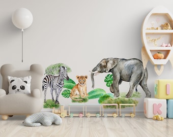 Juego de calcomanías de pared con animales de safari en acuarela para decoración de guardería.