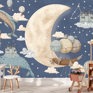 nursery wallpaper neutral,  girl nursery wallpaper, whale wallpaper, night sky wallpaper, kids room wallpaper, peel and stick wallpaper blue