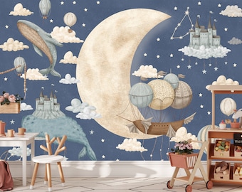 Dreamy Night Sky Nursery Wallpaper, Whale, Moon, Peel and Stick