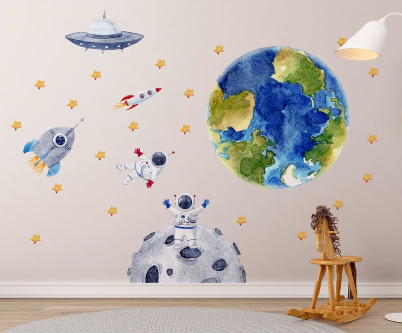Space Wall Decal Space Themed Nursery Watercolor Solar Etsy