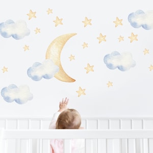 Muurstickerset met aquarelwolken van stof, muurstickers voor de kinderkamer, sterrenmuurstickers, ruimtemuurstickers, wolkendecoratie voor de kinderkamer.
