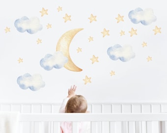 Watercolor Clouds Fabric Wall Decal Set, nursery wall decals, stars wall decals, space wall decals, Nursery Cloud Decor,