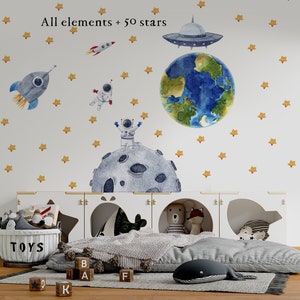 Space Wall Decal, Space Themed Nursery, Watercolor Solar System, Sun and Planets, Constellation decal, Nursery space Decals, Planet Decals