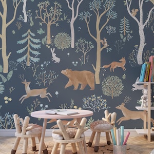 Papier peint - Animaux de la forêt fantaisistes | Papier peint autocollant | Papier peint amovible pour chambre de bébé Woodland