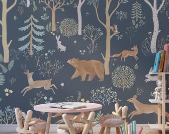Papel pintado de bosque, Papel pintado - Mural de pared de animales del bosque caprichosos / Papel pintado despegable y adhesivo / Papel pintado extraíble de bosque para guardería