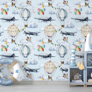 airplane wallpaper, nursery wallpaper, boys room wallpaper, airplane wallpaper, hot air ballon wallpaper, boys wallpaper,