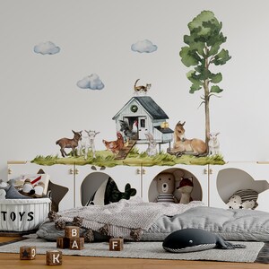 Barn wall decal with farm animal stickers for your kids. This wall decal for kids room contains small cows with small horses. Amazing barn with farm animals. farm animal nursery decor will look great in kids room