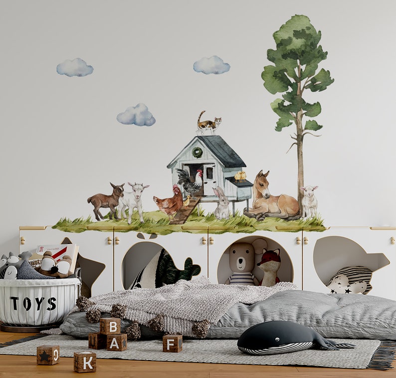 Barn wall decal with farm animal stickers for your kids. This wall decal for kids room contains small cows with small horses. Amazing barn with farm animals. farm animal nursery decor will look great in kids room