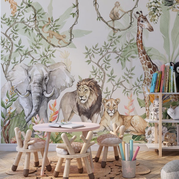 safari wallpaper, Wall Mural Safari, nursery wallpaper, animal wallpaper,  Kids Safari Jungle Animals Wallpaper