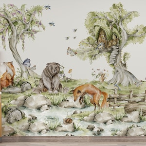 woodland wallpaper,  woodland nursery wallpaper, animal wallpaper, woodland forest wallpaper, wall mural wallpaper