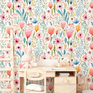 Papier peint floral sauvage à l'aquarelle, décoration murale fleurs de jardin colorées, papier peint floral d'été auto-adhésif