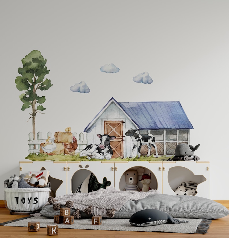 May include: A white farmhouse with a blue roof and a black and white cow in front of it. The farmhouse is surrounded by a white picket fence and green grass. There are also some hay bales and a chicken in the scene. The image is a watercolor painting.