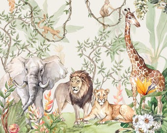 Safari wallpaper for kids room, jungle wall mural for nursery room, safari wallpaper peel and stick, lion wallpaper, kids room wallpaper