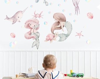 Watercolor Mermaid Wall Decals, Sea World Nursery Decor