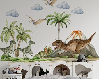 dinosaur wall decal big set, boy nursery decor, Jurassic in boy room, dinosaur stickers, dinosaur wall art, kids wall sticker,