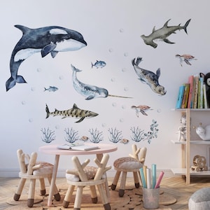 Ocean Animals Wall Decal for Kids and Nursery,  sea animals wall sticker, Sticker Set Dolphin, seal, sea Turtle, Watercolor Peel and stick