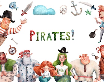 May include: A watercolor illustration featuring the text PIRATES! surrounded by various characters and objects including a pirate captain, a young sailor, mermaids, a skull, an anchor, a sword, a compass, a bomb, and a fish on a white background.
