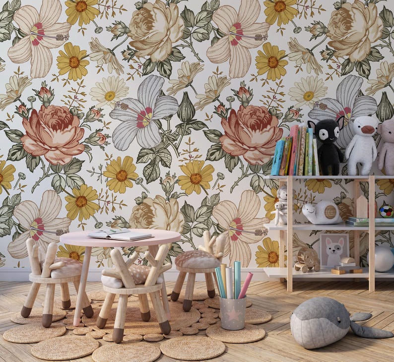 floral wallpaper, boho wallpaper, removable wallpaper, peel stick wallpaper, temporary wallpaper, kids room wallpaper image 8