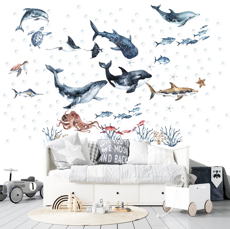 Ocean Animals Wall Decal for Kids and Nursery, sea animals wall sticker, Sticker Set Dolphin, seal, sea Turtle, Watercolor Peel and stick image 3