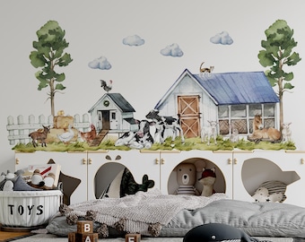 May include: A wall decal set featuring a watercolor farm scene with a white barn, a chicken coop, green trees, and blue clouds. The scene includes a black and white cow, a calf, a goat, a horse, a cat, a rooster, a hen, and a duck.