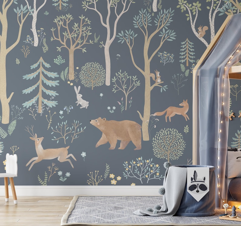 May include: A blue and green woodland mural featuring a bear, deer, fox, rabbit, and squirrels. The mural is set against a dark blue background and features a variety of trees and plants.