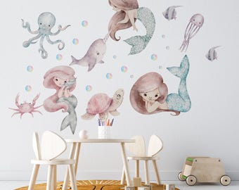 Peel and Stick Mermaid Wall decals– Nursery Underwater stickers for girls bedroom