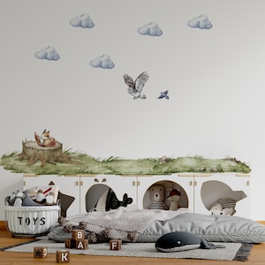 forest wall decals, woodland wall decals, grass wall decals fox wall decals, tree wall decals,
