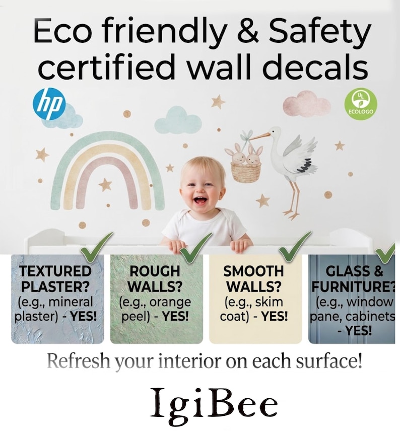 A smiling baby is shown in front of a wall decal featuring a stork, rainbow, and clouds. The wall decal is described as eco-friendly and safety certified, with options for textured plaster, rough walls, smooth walls, and glass and furniture. The image also includes a message encouraging the viewer to refresh their interior on each surface with the product from Igi Bee.