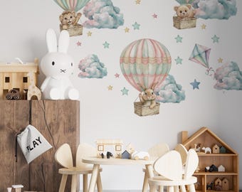 Bear wall decals, hot air balloons nursery wall stickers, kids room wall decals, animals wall decals,