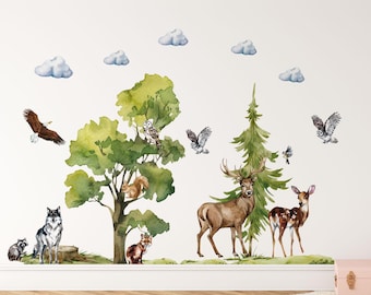 forest animals wall decals, nursery decal, woodland wall decals, forest decal, woodland wall stickers, tree wall decal, wolf wall decal