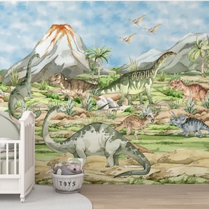 dinosaur wallpaper peel and stick, dinosaur wall mural, dinosaur peel and stick, jurrasic dinosaur wallpaper, temporary wallpaper, vintage