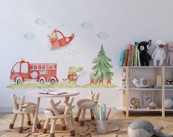 Wall sticker for children's room, fire brigade wall decals peel and stick, nursery wall decals, Wall sticker fire brigade,