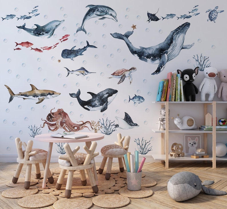 Ocean Animals Wall Decal for Kids and Nursery, sea animals wall sticker, Sticker Set Dolphin, seal, sea Turtle, Watercolor Peel and stick All animals