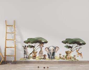 May include: A wall decal set featuring watercolor illustrations of a zebra, warthog, giraffe, monkey, elephant, meerkats, lion cub, and deer standing under two green acacia trees. The animals are depicted in a soft, artistic style.