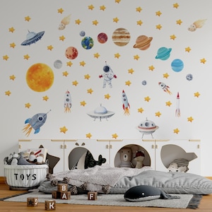 Space Wall Decal, Space wall stickers, Watercolor Solar System, Sun and Planets, Constellation decal, Nursery space Decals, Planet Decals