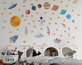 Space Wall Decal, Space wall stickers, Watercolor Solar System, Sun and Planets, Constellation decal, Nursery space Decals, Planet Decals